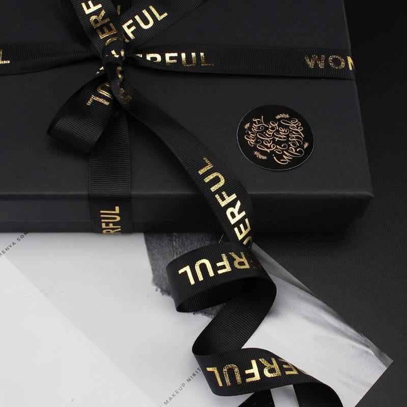 Soft satin ribbon with vibrant colors enhancing a gift box, printed with water-based inks.