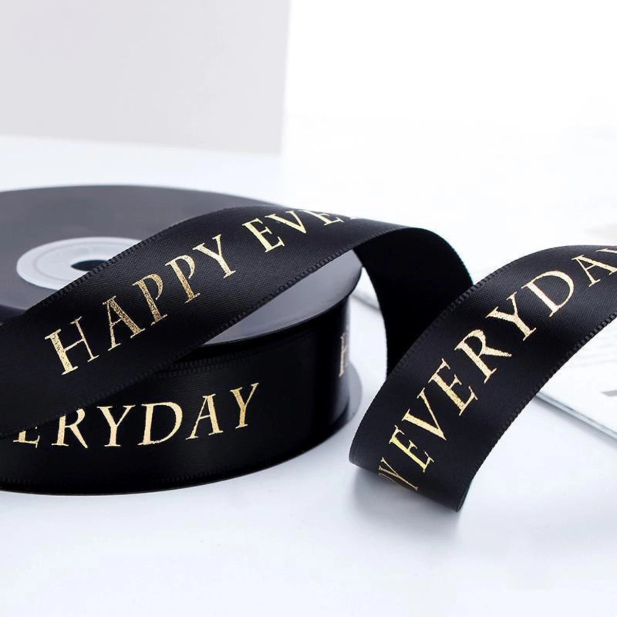 Custom Gold Foil Satin Ribbon with Logo for Luxury Jewelry Brand Packaging