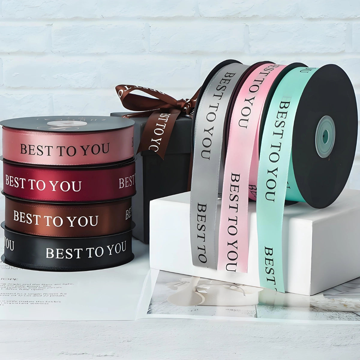 Pantone-Matched Satin Ribbon Roll with Embossed Company Slogan