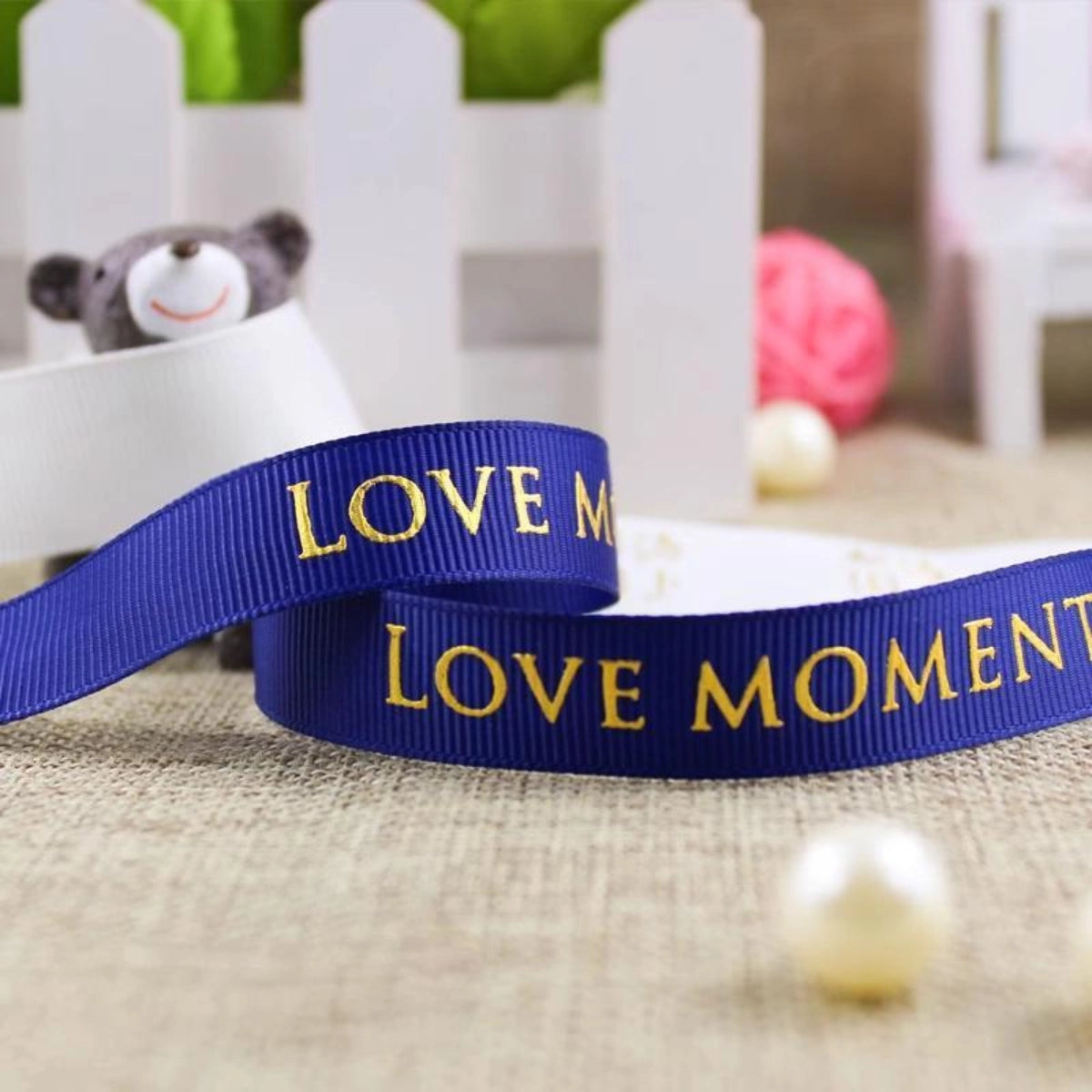 Custom Grosgrain Ribbon-Bluewith GoldLetteringand Logo